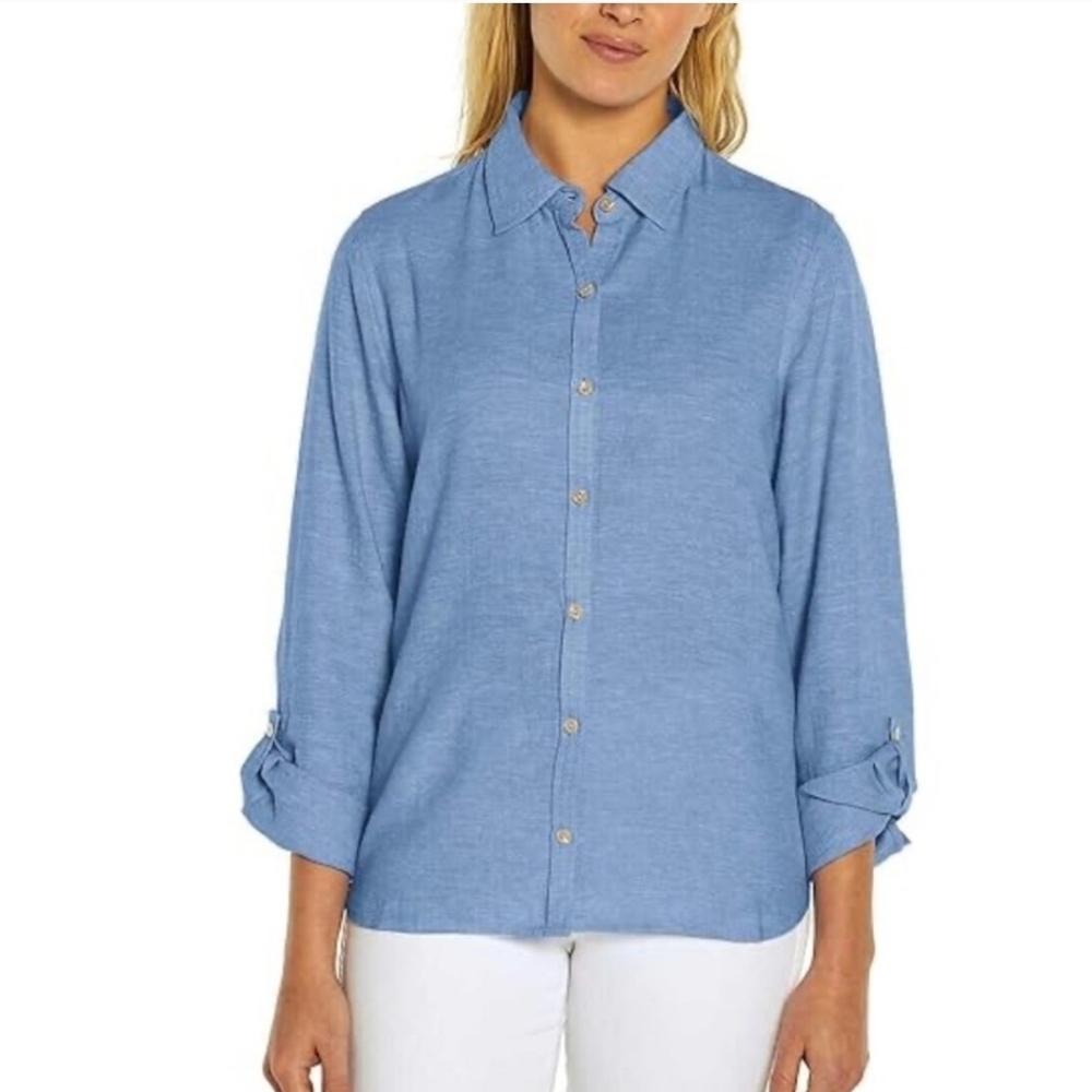 Orvis Linen Blend Roll Tab Button Down Shirt XL Blue Lightweight Coastal